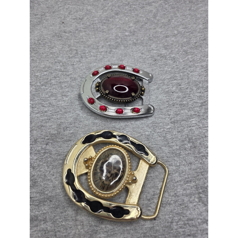 Lot of 2 Women's Vintage Horseshoe Belt Buckles Ruby Cabochon Watch Western